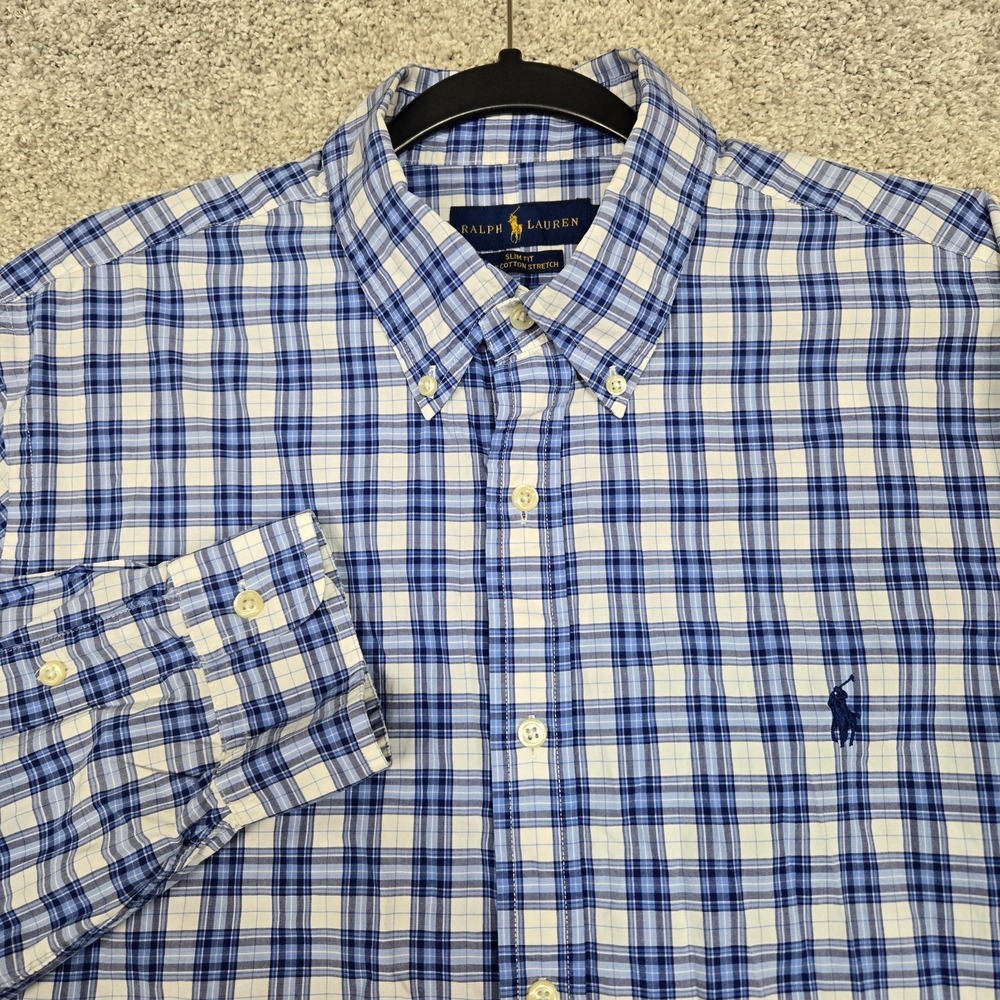 Ralph Lauren Slim Fit cotton Stretch lightweight Long sleeve Shirt men XL Blue